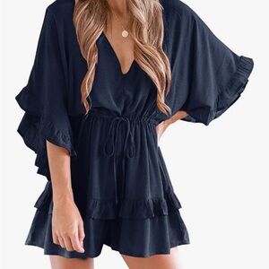 Chic Navy Ruffle Sleeve Romper